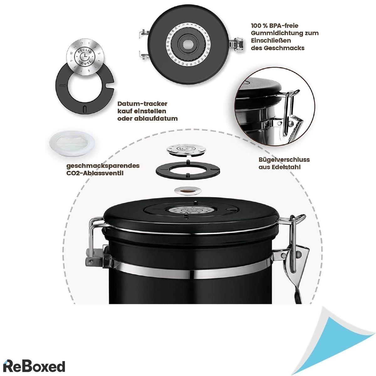 Peclio Recipient Cafea Etans Otel cu Supapa CO2 si Lingura Masurare