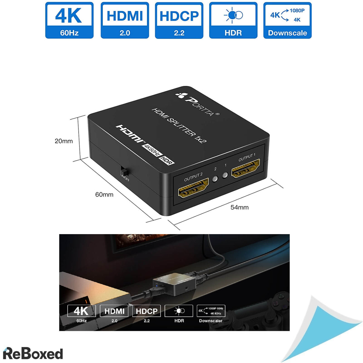 Portta Splitter HDMI 1x2 4K 60Hz Autoscalare 18Gbps 3D HDCP