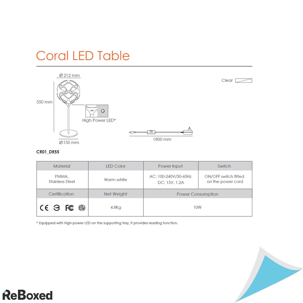 QisDesign Coral Table 55 Transparent, Lampa LED cu Functie pentru Lectura