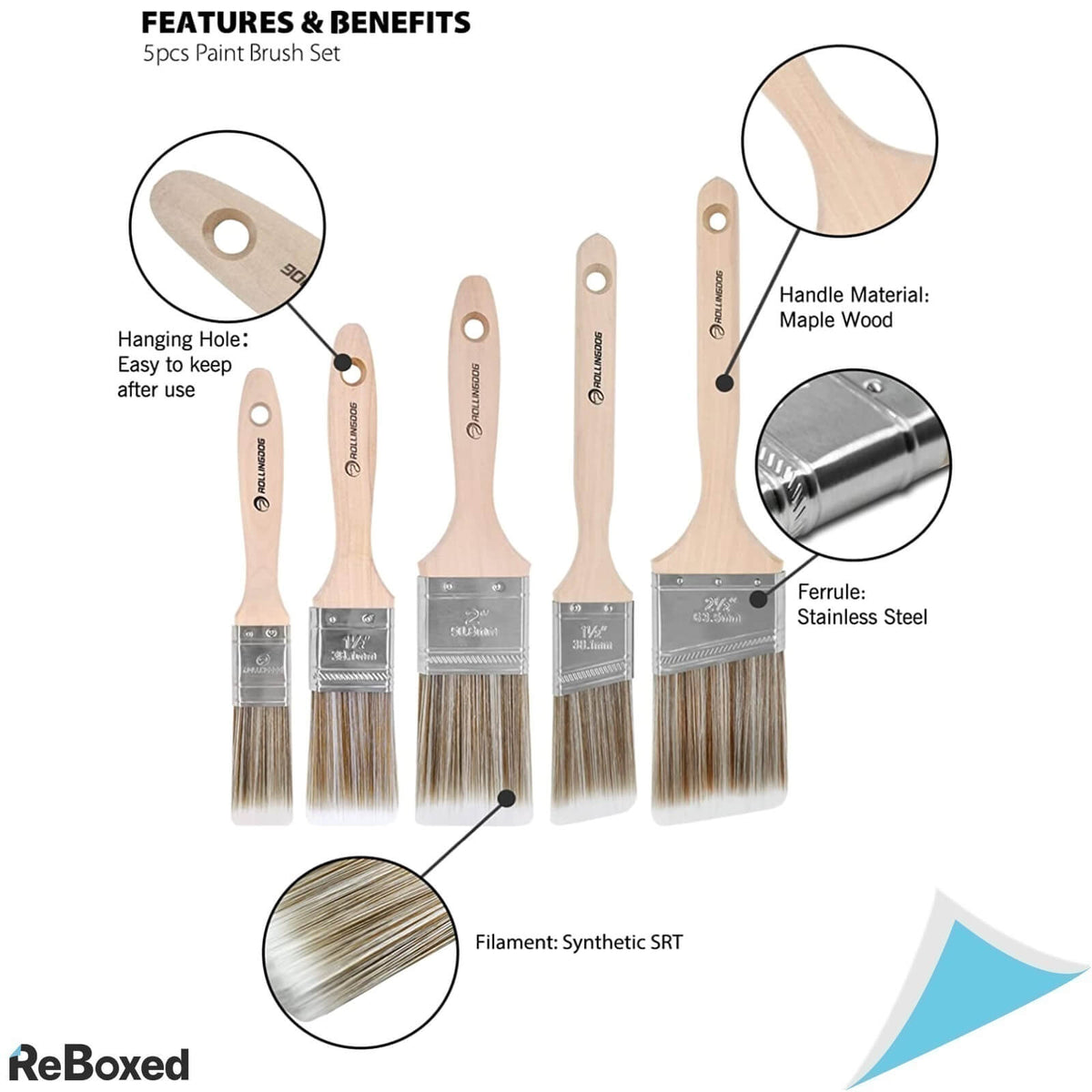 Rollingdog W1000 Set de 5 Pensule Drepte si Unghiulare Vopsea Latex