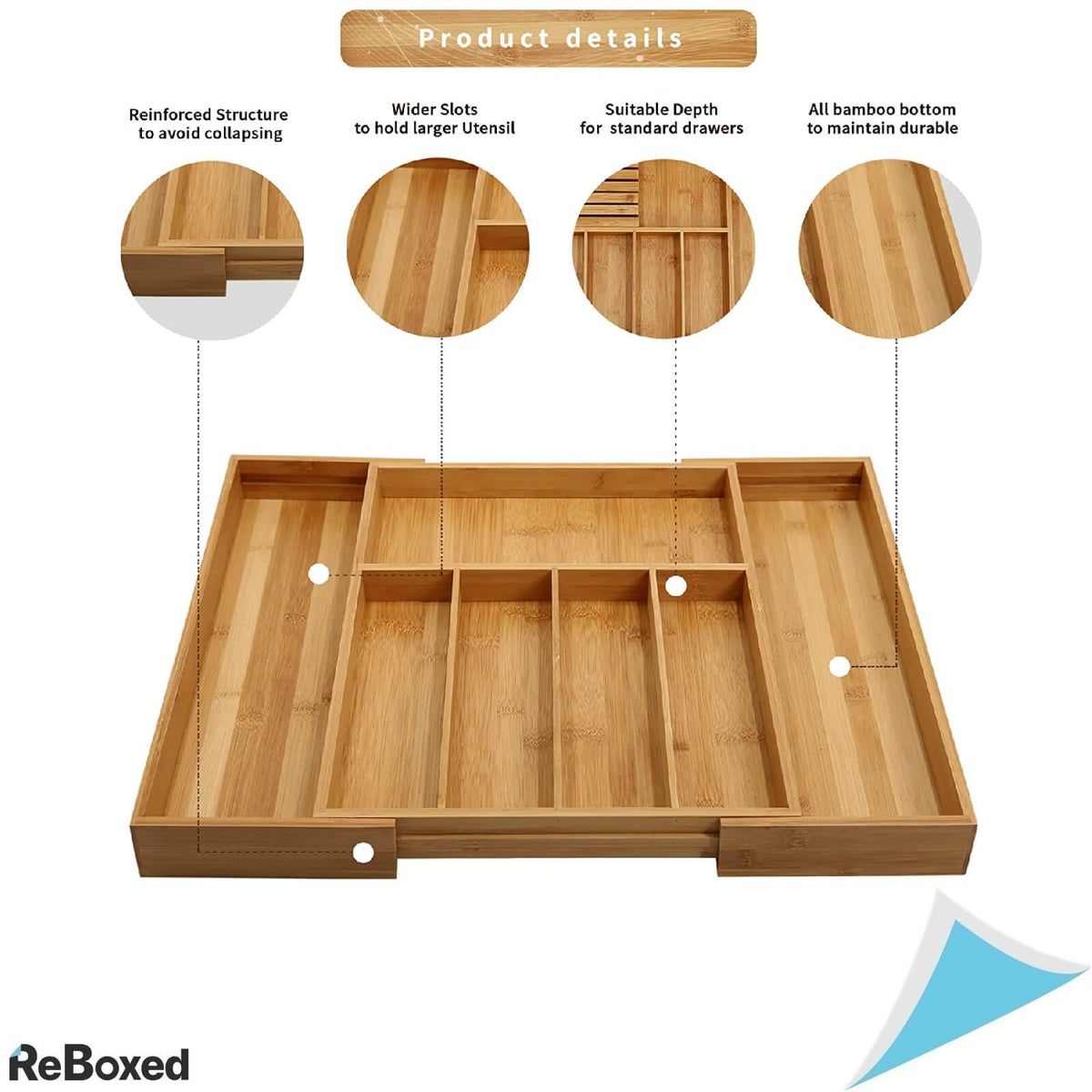 Sertar Tava Organizator Reglabil din Bambus pentru Tacamuri