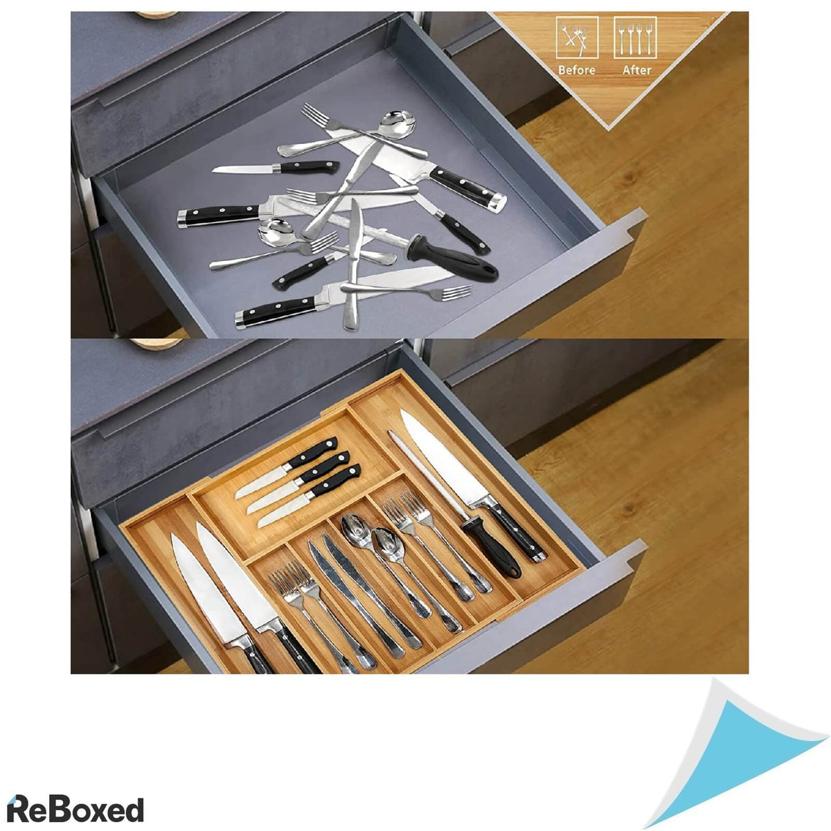 Sertar Tava Organizator Reglabil din Bambus pentru Tacamuri